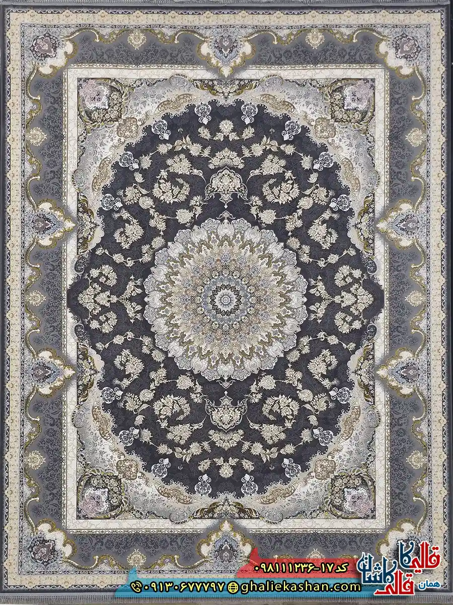 فرش طلاکوب 1200 شانه طرح شکوه رنگ طوسی دودی گل برجسته کاشان اصلی