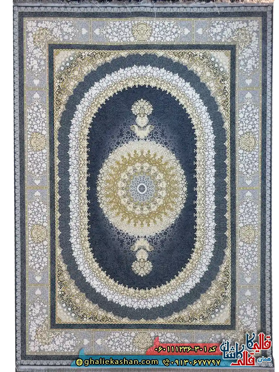 فرش طلاکوب 1200 شانه طرح صدرا رنگ طوسی دودی گل برجسته کاشان اصلی