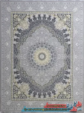 فرش طلاکوب 1200 شانه طرح طنین رنگ طوسی نقره0ای گل برجسته کاشان