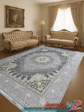 فرش طلاکوب 1200 شانه طرح طنین رنگ طوسی نقره0ای گل برجسته کاشان