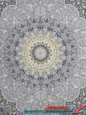 فرش طلاکوب 1200 شانه طرح طنین رنگ طوسی نقره0ای گل برجسته کاشان زمینه