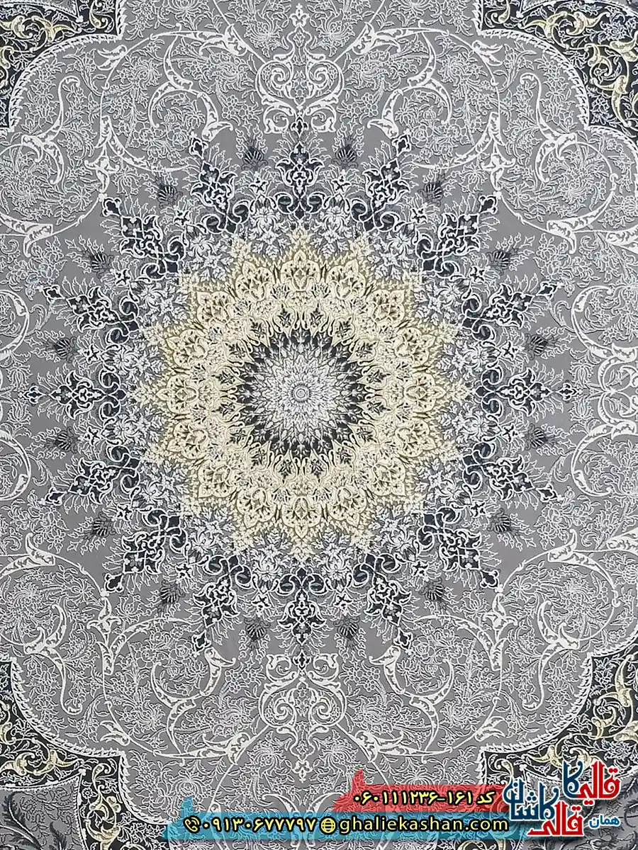 فرش طلاکوب 1200 شانه طرح طنین رنگ طوسی نقره0ای گل برجسته کاشان زمینه