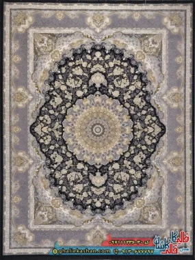 فرش طلاکوب 1200 شانه طرح معراج رنگ سرمه ای گل برجسته کاشان