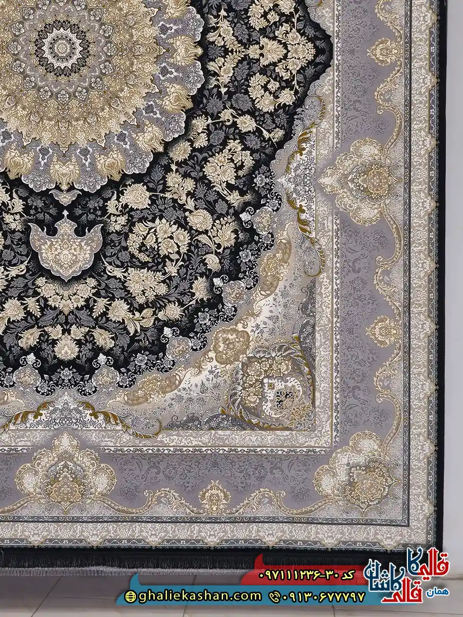 فرش طلاکوب 1200 شانه طرح معراج رنگ سرمه ای گل برجسته کاشان حاشیه
