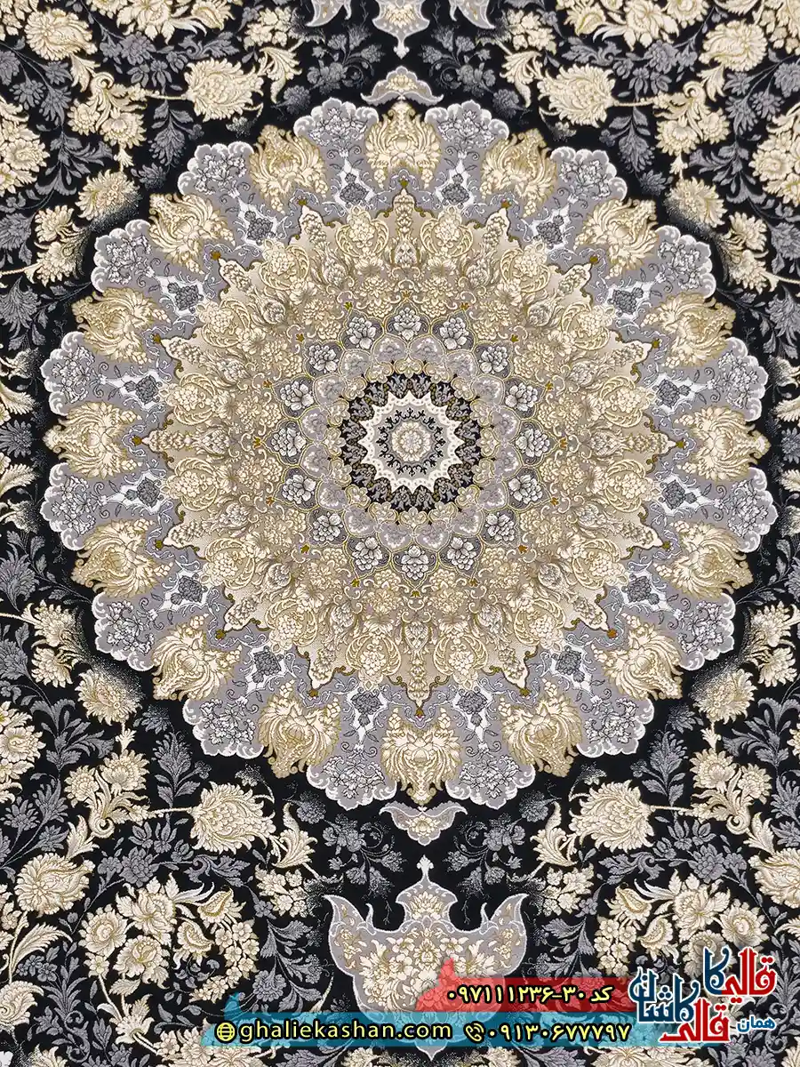 فرش طلاکوب 1200 شانه طرح معراج رنگ سرمه ای گل برجسته کاشان زمینه