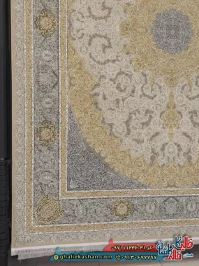 فرش طلاکوب 1200 شانه طرح مهسان رنگ بژ گل برجسته کاشان حاشیه
