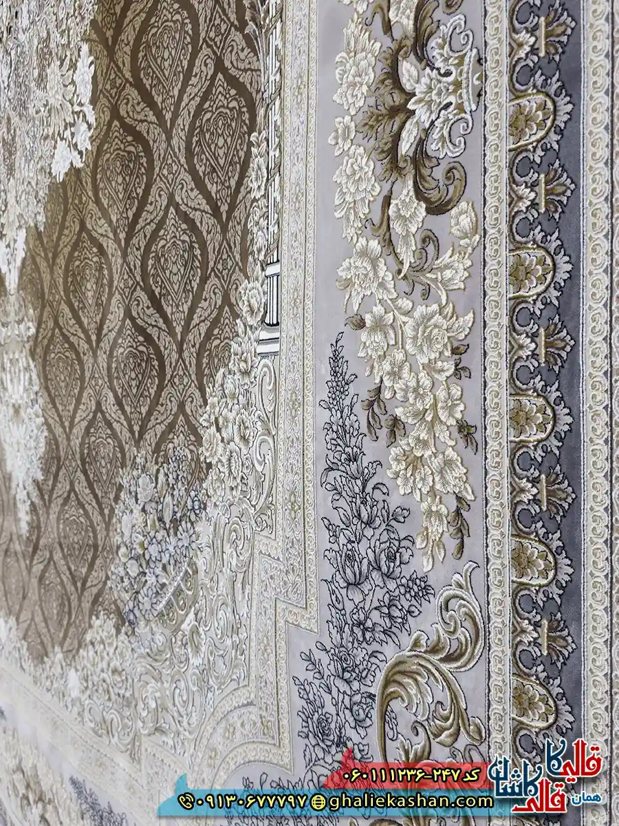 فرش طلاکوب 1200 شانه طرح مژده رنگ قهوه ای شکلاتی گل برجسته کاشان نزدیک