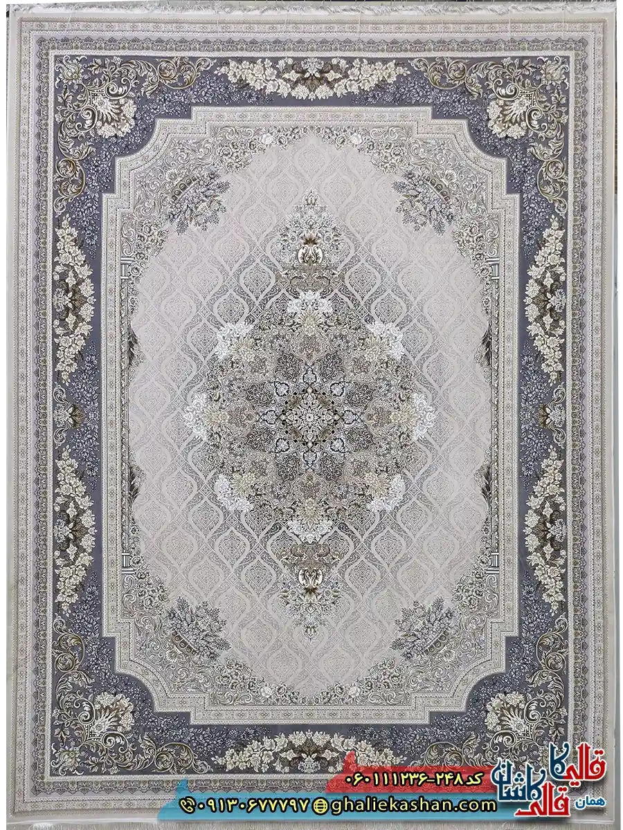 فرش طلاکوب 1200 شانه طرح مژده رنگ کرم صدفی گل برجسته کاشان اصلی