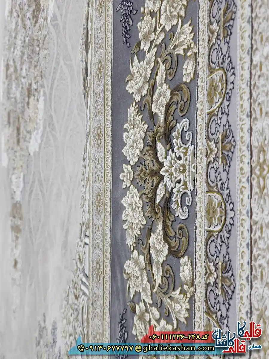 فرش طلاکوب 1200 شانه طرح مژده رنگ کرم صدفی گل برجسته کاشان نزدیک