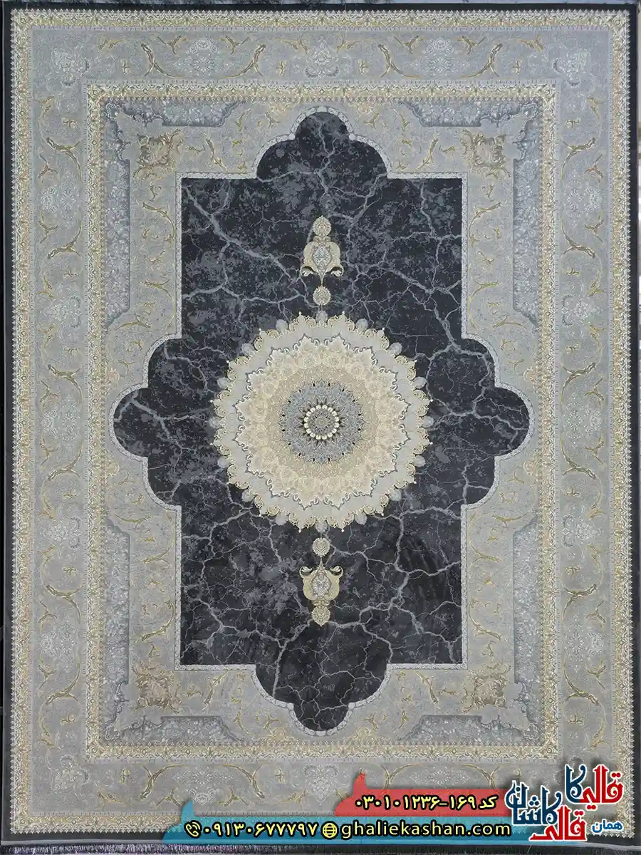 فرش ‌طلاکوب ‌1200 ‌شانه ‌طرح ‌نسیم ‌رنگ ‌طوسی ‌دودی ‌کاشان ‌اصلی