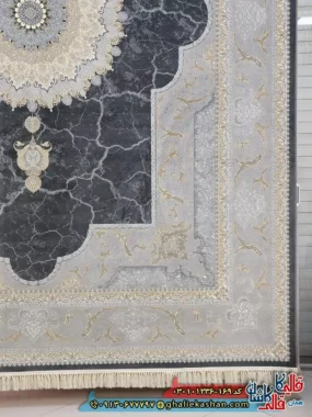 فرش ‌طلاکوب ‌1200 ‌شانه ‌طرح ‌نسیم ‌رنگ ‌طوسی ‌دودی ‌کاشان ‌حاشیه