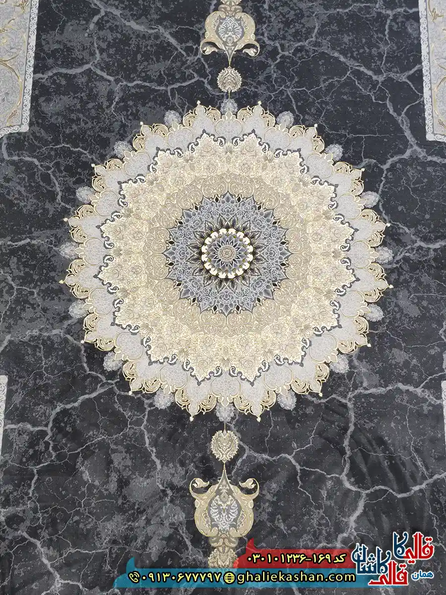 فرش ‌طلاکوب ‌1200 ‌شانه ‌طرح ‌نسیم ‌رنگ ‌طوسی ‌دودی ‌کاشان ‌زمینه