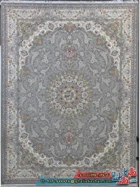 فرش طلاکوب 1200 شانه طرح نگین رنگ طوسی نقره ای کاشان اصلی