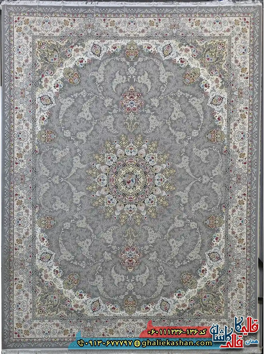 فرش طلاکوب 1200 شانه طرح نگین رنگ طوسی نقره ای کاشان اصلی