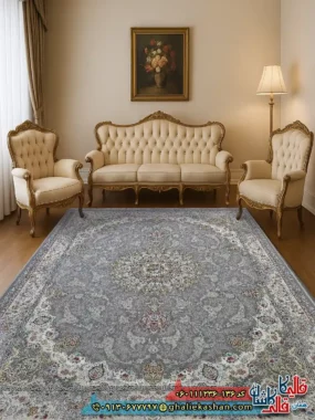 فرش طلاکوب 1200 شانه طرح نگین رنگ طوسی نقره ای کاشان
