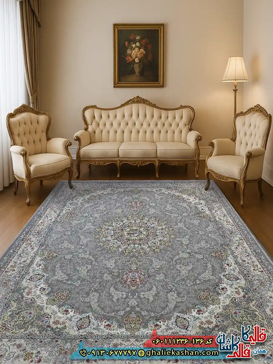 فرش طلاکوب 1200 شانه طرح نگین رنگ طوسی نقره ای کاشان دکوراسیون