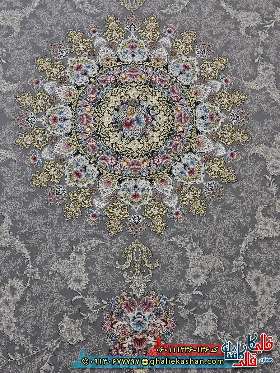 فرش طلاکوب 1200 شانه طرح نگین رنگ طوسی نقره ای کاشان زمینه