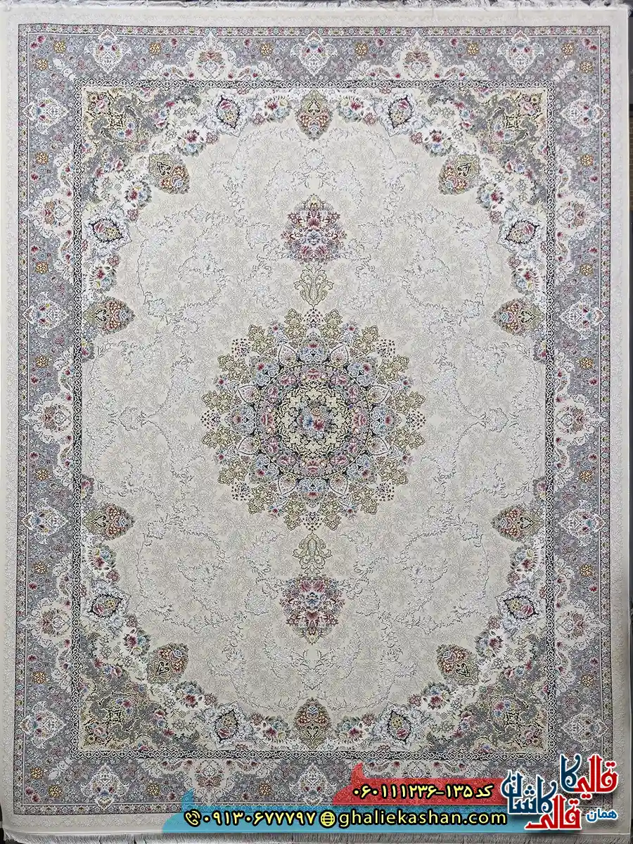 فرش طلاکوب 1200 شانه طرح نگین کرم کاشان اصلی