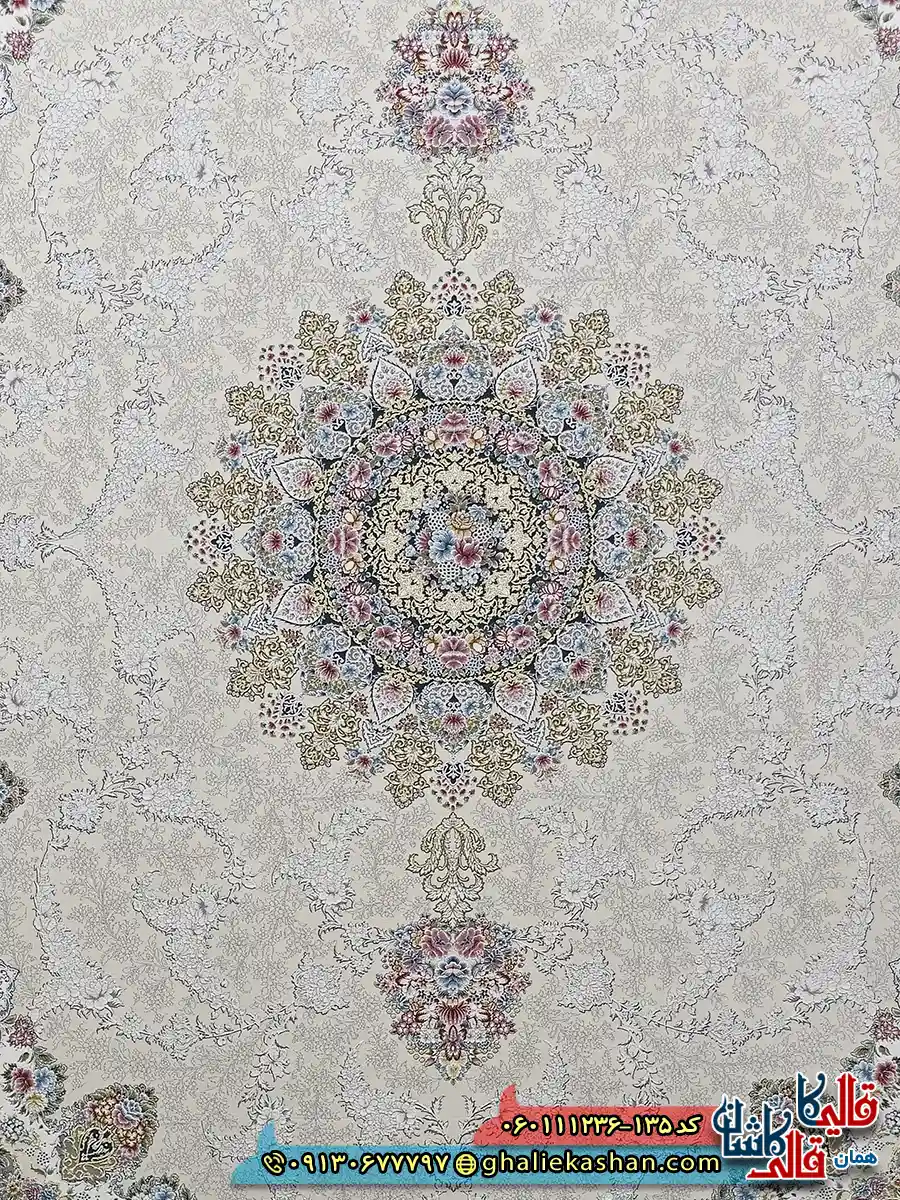 فرش طلاکوب 1200 شانه طرح نگین کرم کاشان زمینه