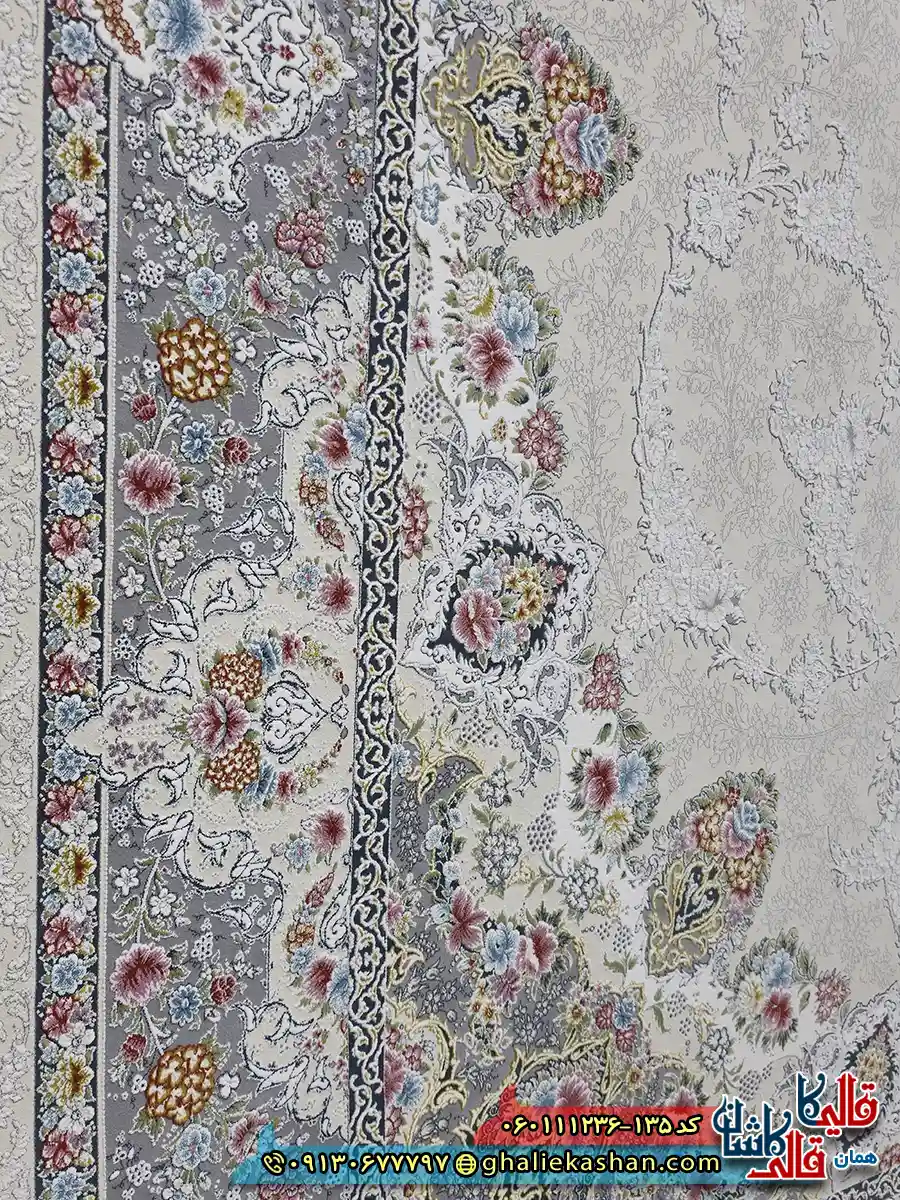 فرش طلاکوب 1200 شانه طرح نگین کرم کاشان نزدیک