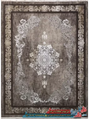 فرش طلاکوب 1200 شانه طرح همدم رنگ قهوه ای شکلاتی گل برجسته کاشان