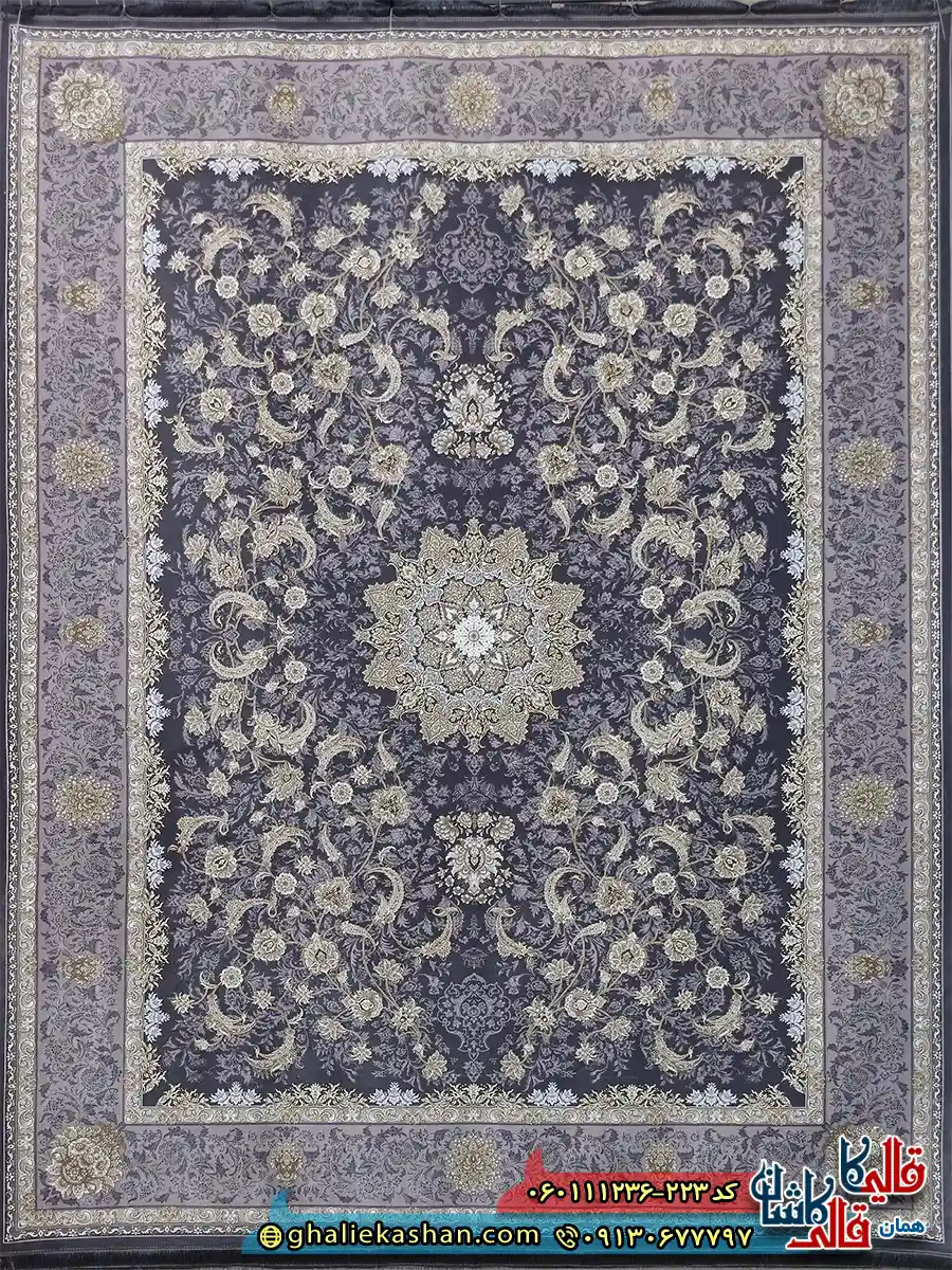 فرش طلاکوب 1200 شانه طرح پرستش رنگ طوسی دلفینی گل برجسته کاشان اصلی