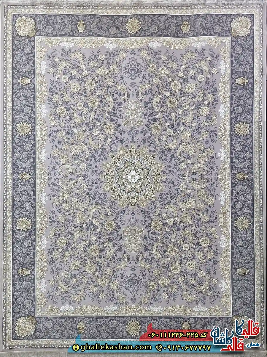 فرش طلاکوب 1200 شانه طرح پرستش رنگ طوسی یاسی گل برجسته کاشان اصلی فرش طلاکوب 1200 شانه طرح پرستش رنگ طوسی یاسی گل برجسته کاشان اصلی