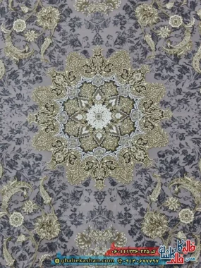فرش طلاکوب 1200 شانه طرح پرستش رنگ طوسی یاسی گل برجسته کاشان زمینه