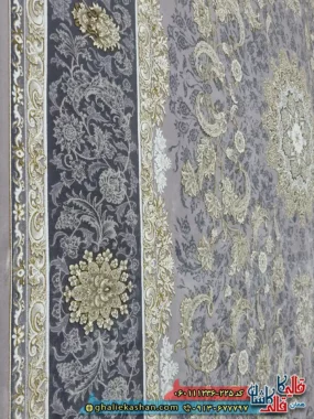 فرش طلاکوب 1200 شانه طرح پرستش رنگ طوسی یاسی گل برجسته کاشان نزدیک