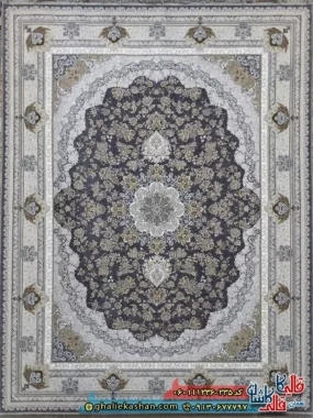 فرش طلاکوب 1200 شانه طرح پونه رنگ سرمه ای گل برجسته کاشان