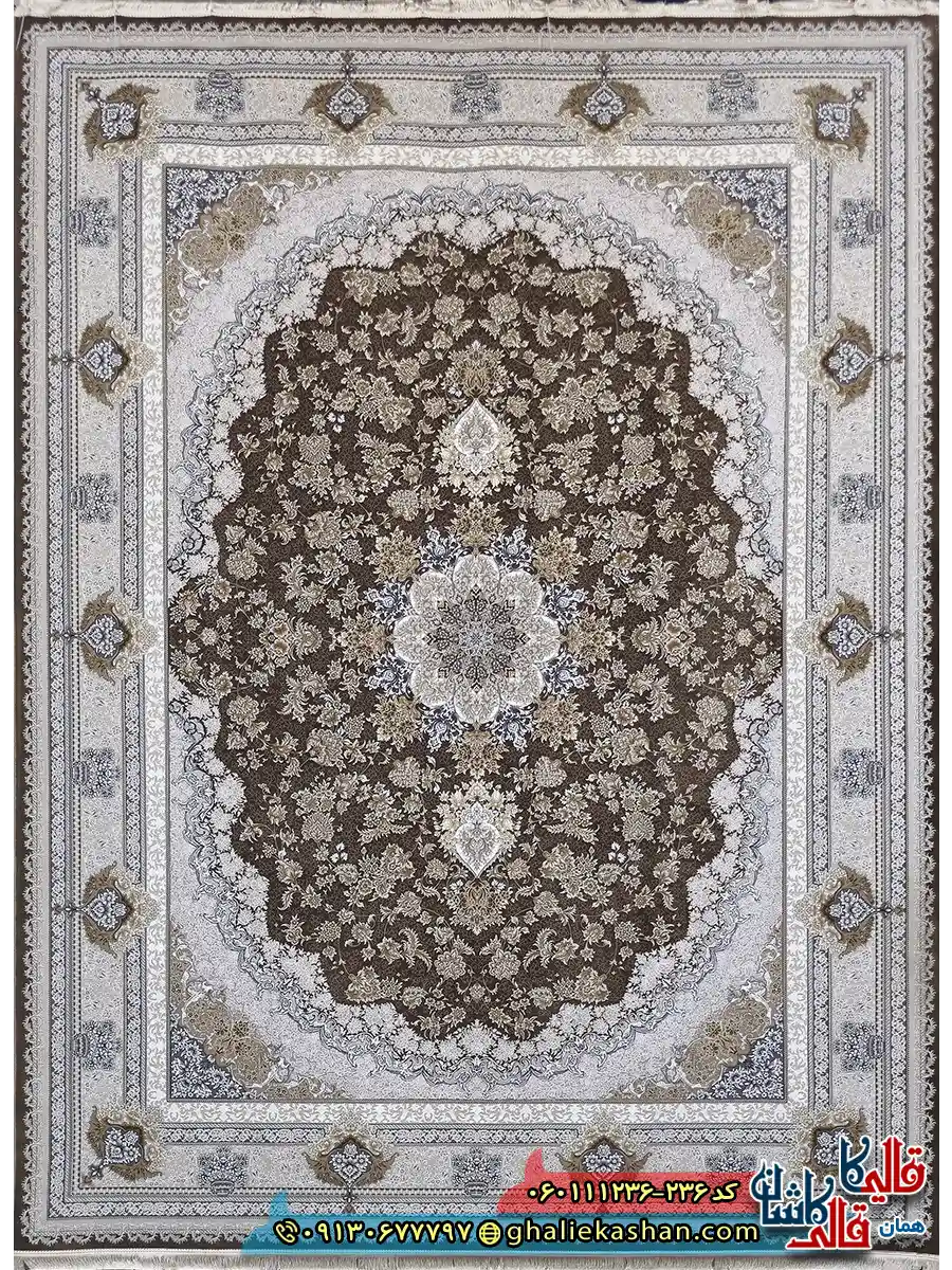 ز فرش طلاکوب 1200 شانه طرح پونه رنگ قهوه ای شکلاتی گل برجسته کاشان اصلی
