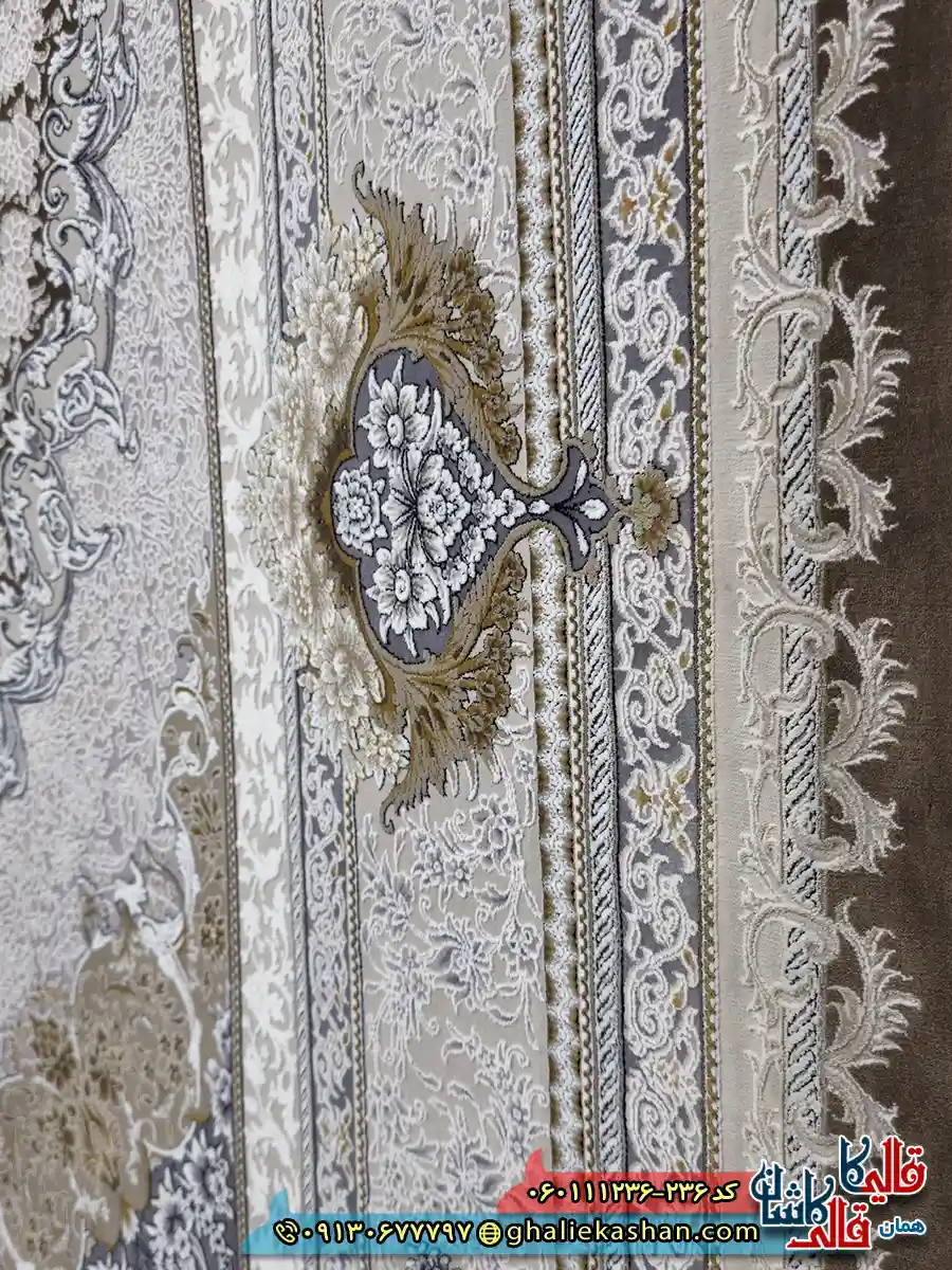 فرش طلاکوب 1200 شانه طرح پونه رنگ قهوه ای شکلاتی گل برجسته کاشان نزدیک