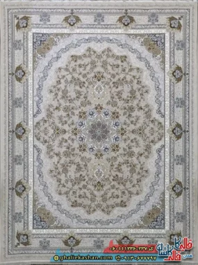فرش طلاکوب 1200 شانه طرح پونه رنگ کرم صدفی گل برجسته کاشان