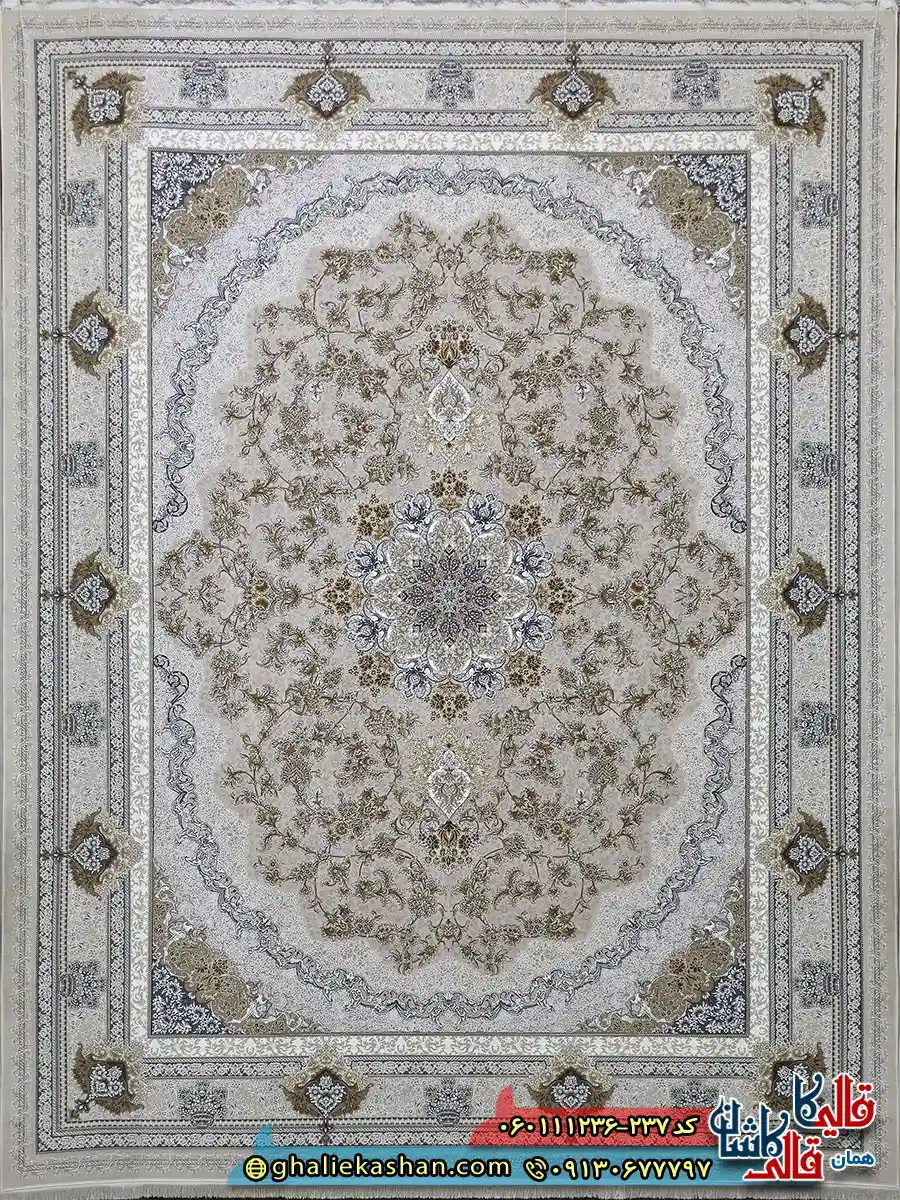 فرش طلاکوب 1200 شانه طرح پونه رنگ کرم صدفی گل برجسته کاشان اصلی