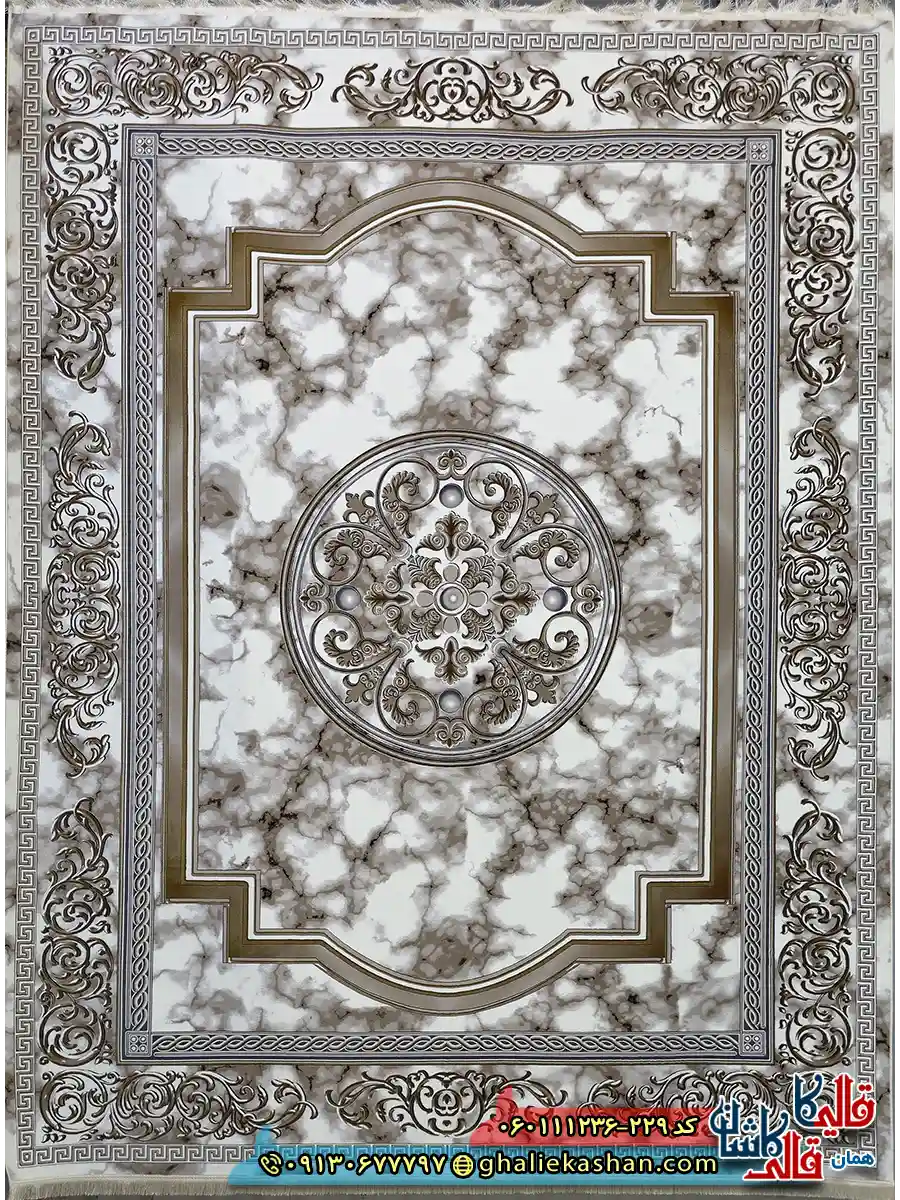 فرش طلاکوب 1200 شانه فرانسوی طرح مدوسا رنگ سفید گل برجسته کاشان اصلی