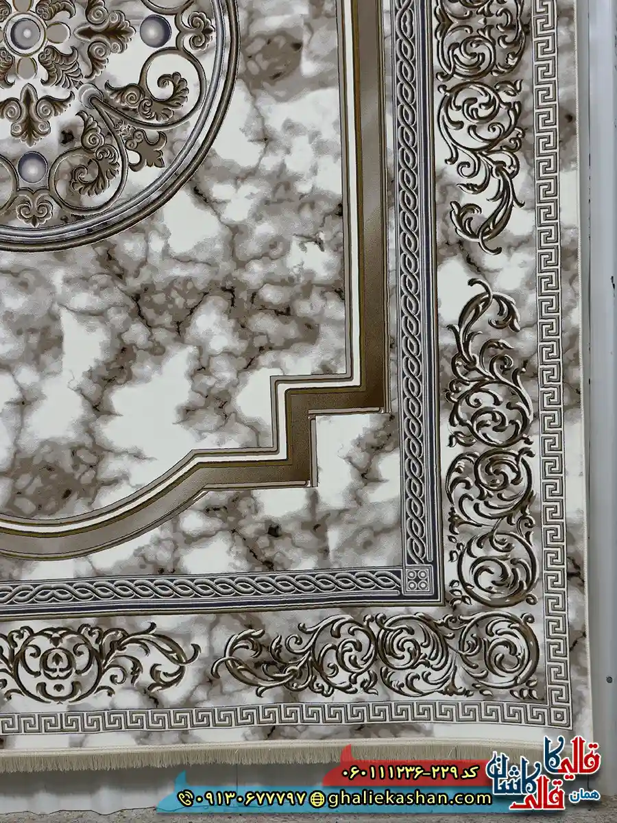 فرش طلاکوب 1200 شانه فرانسوی طرح مدوسا رنگ سفید گل برجسته کاشان حاشیه