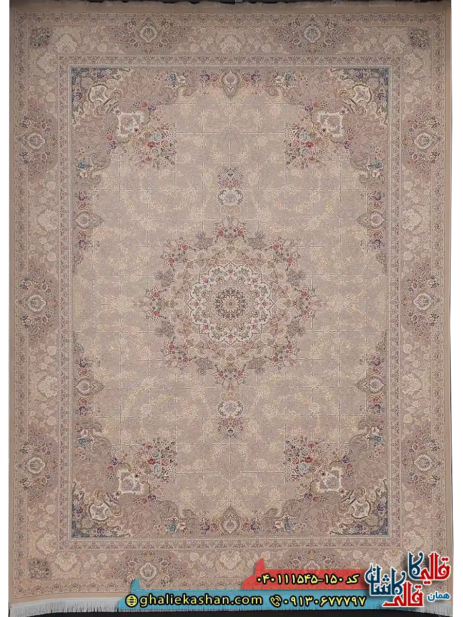 فرش طلاکوب 1500 شانه خشتی طرح زرنگار رنگ طوسی سیلور کاشان اصلی