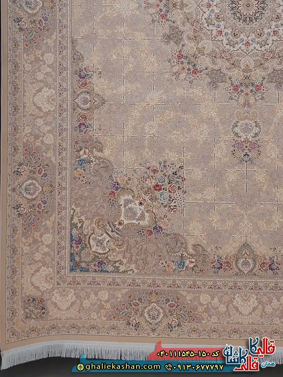 فرش طلاکوب 1500 شانه خشتی طرح زرنگار رنگ طوسی سیلور کاشان حاشیه