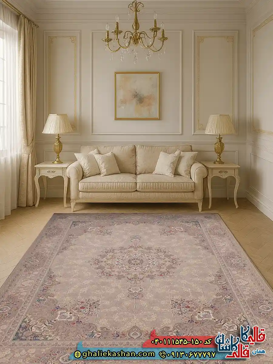 فرش طلاکوب 1500 شانه خشتی طرح زرنگار رنگ طوسی سیلور کاشان دکوراسیون