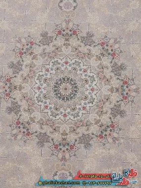 فرش طلاکوب 1500 شانه خشتی طرح زرنگار رنگ طوسی سیلور کاشان زمینه