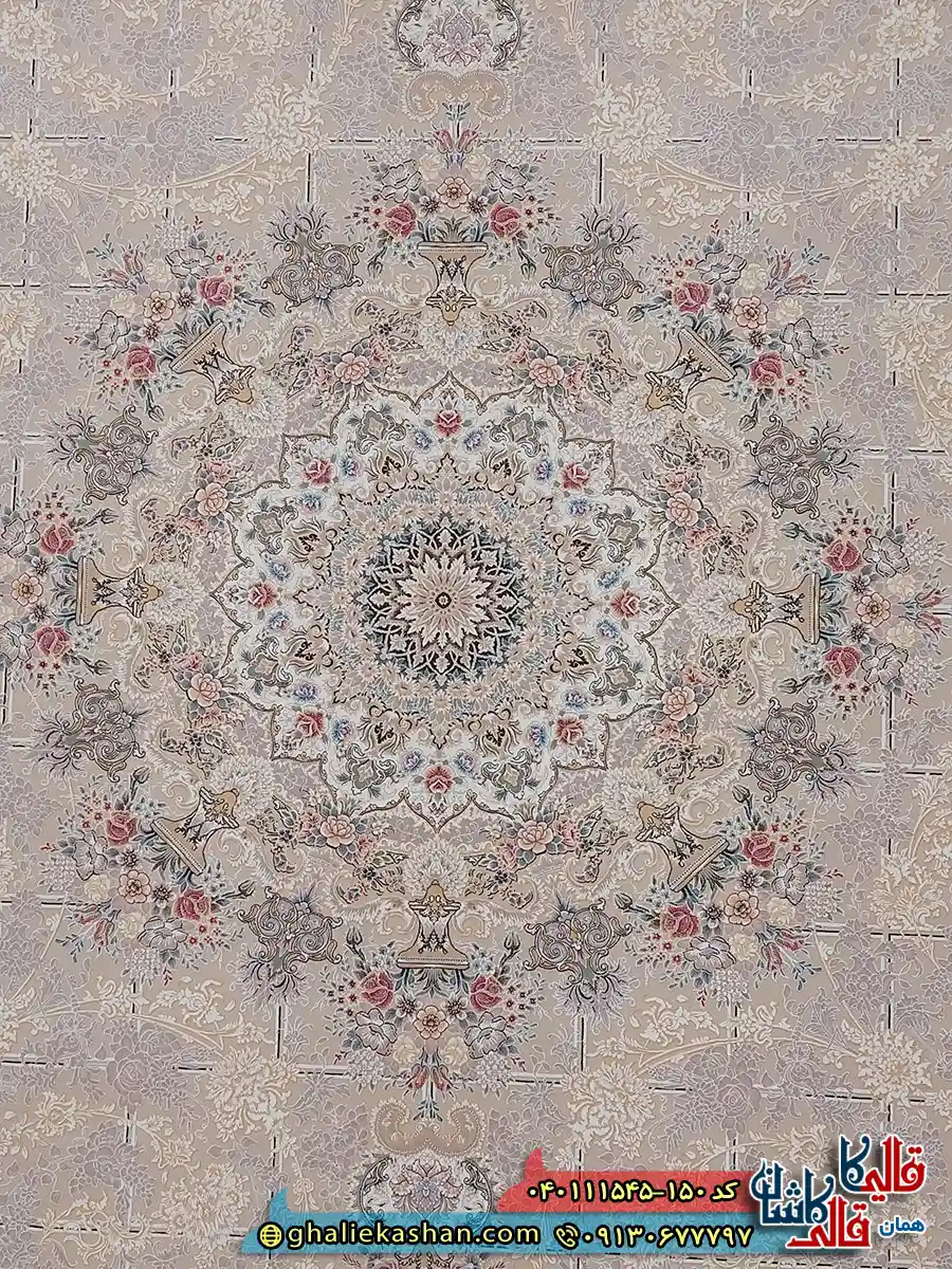 فرش طلاکوب 1500 شانه خشتی طرح زرنگار رنگ طوسی سیلور کاشان زمینه