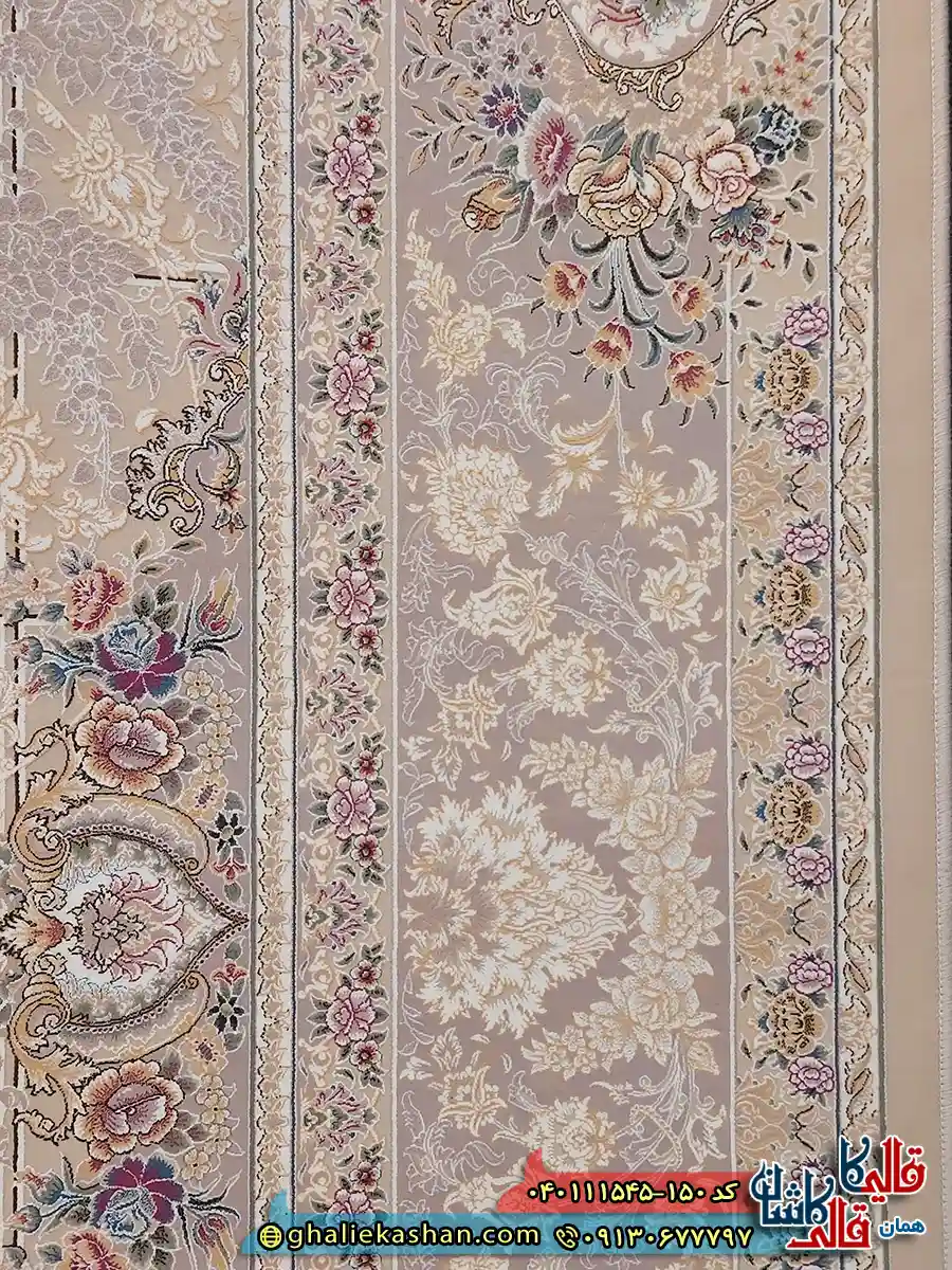 فرش طلاکوب 1500 شانه خشتی طرح زرنگار رنگ طوسی سیلور کاشان نزدیک 3