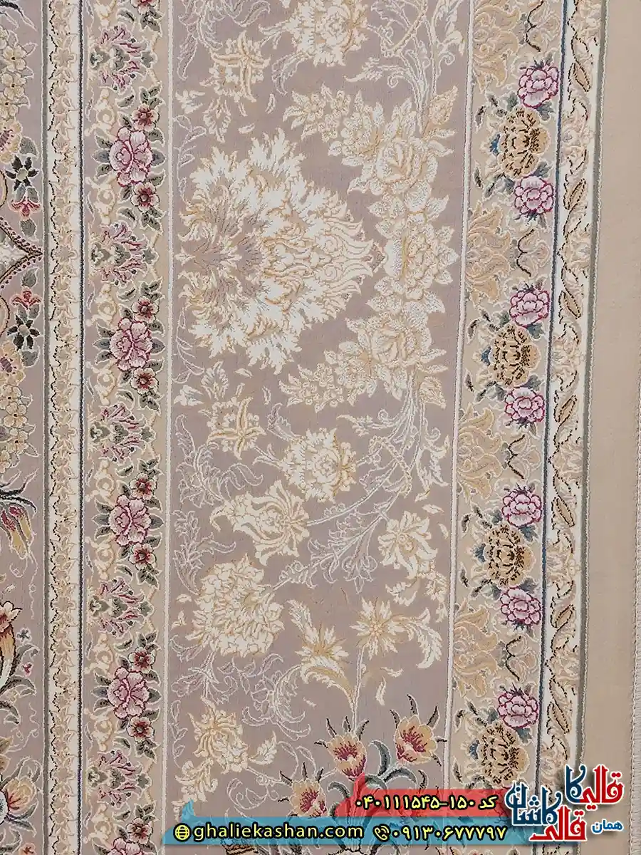 فرش طلاکوب 1500 شانه خشتی طرح زرنگار رنگ طوسی سیلور کاشان نزدیک