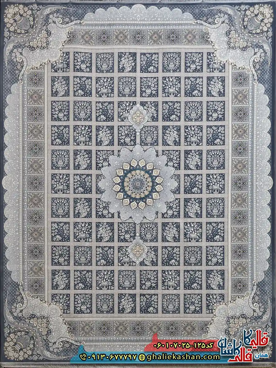 فرش طلاکوب 700 شانه خشتی طرح آیسان زمینه طوسی دودی کاشان اصلی