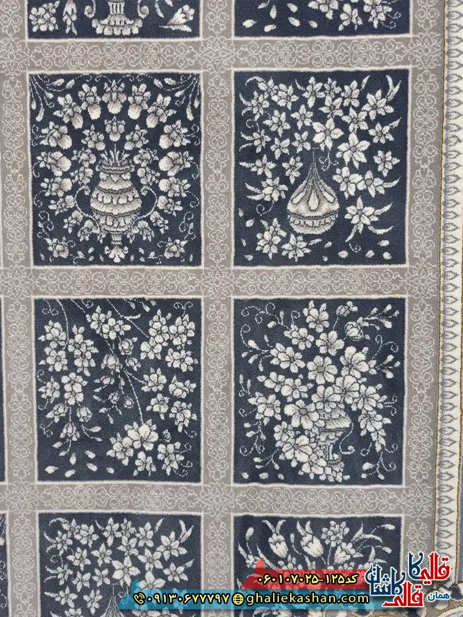 فرش طلاکوب 700 شانه خشتی طرح آیسان زمینه طوسی دودی کاشان نزدیک 2