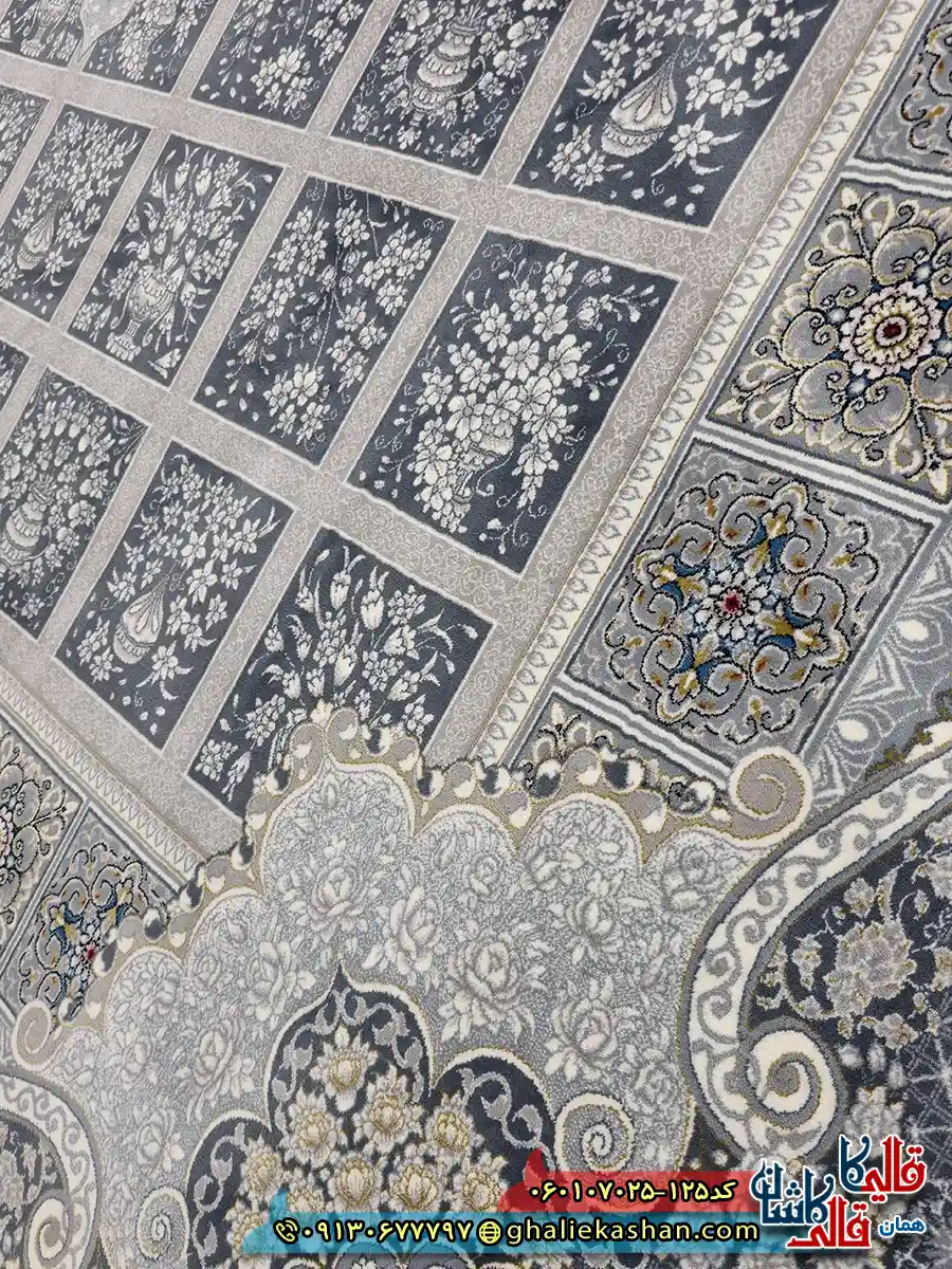 فرش طلاکوب 700 شانه خشتی طرح آیسان زمینه طوسی دودی کاشان نزدیک