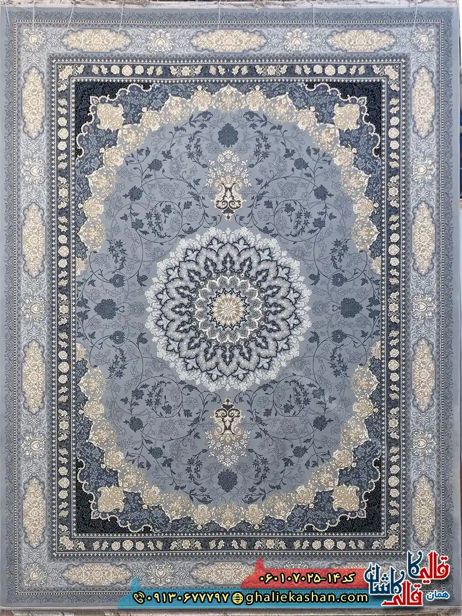 فرش طلاکوب 700 شانه طرح آنیسا رنگ طوسی نقره ای کاشان اصلی