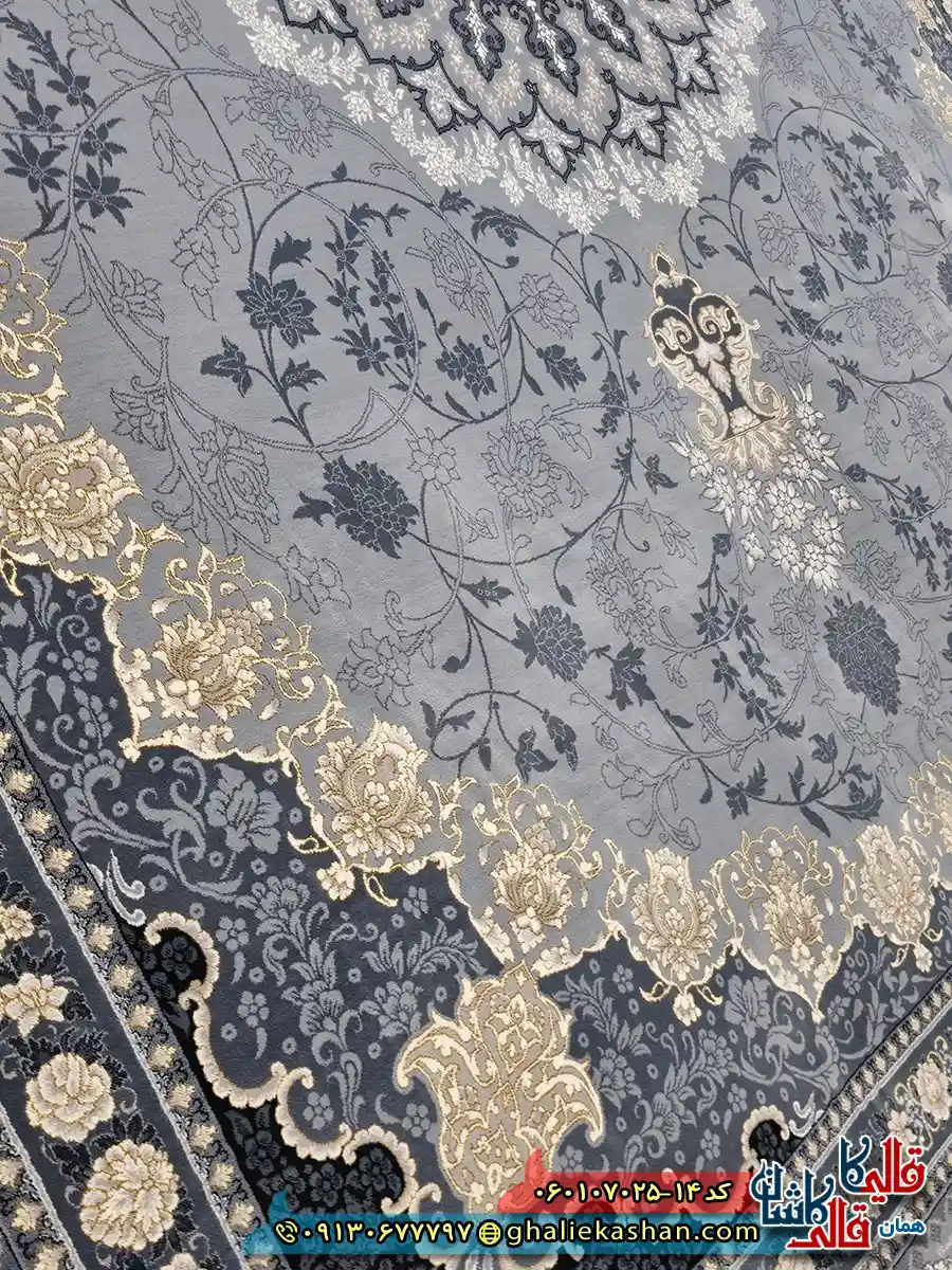 فرش طلاکوب 700 شانه طرح آنیسا رنگ طوسی نقره ای کاشان نزدیک 2