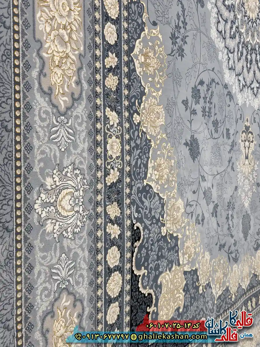 فرش طلاکوب 700 شانه طرح آنیسا رنگ طوسی نقره ای کاشان نزدیک