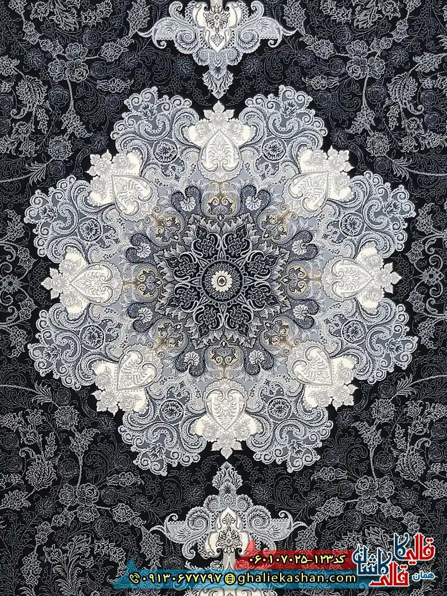 فرش طلاکوب 700 شانه طرح آیدا رنگ سرمه ای کاشان زمینه
